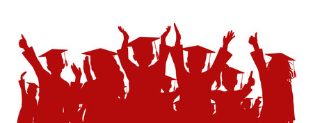 Happy crowd of graduates children in square academic caps. Cheerful people silhouette. Graduation ceremony. Vector  illustration.のイラスト素材