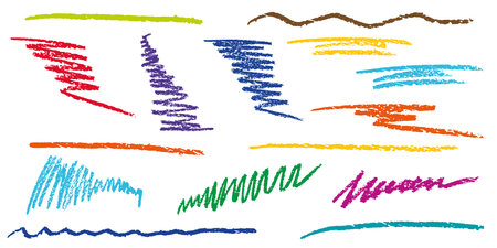 Stripes of color crayon brushes, set of doodle hand drawn elements. Streaks of chalk. Vector illustrationのイラスト素材
