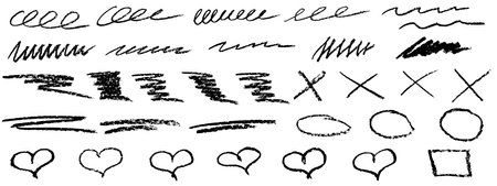 Stripes of black crayon brushes, set of doodle hand drawn elements. Streaks of chalk. Vector illustrationのイラスト素材