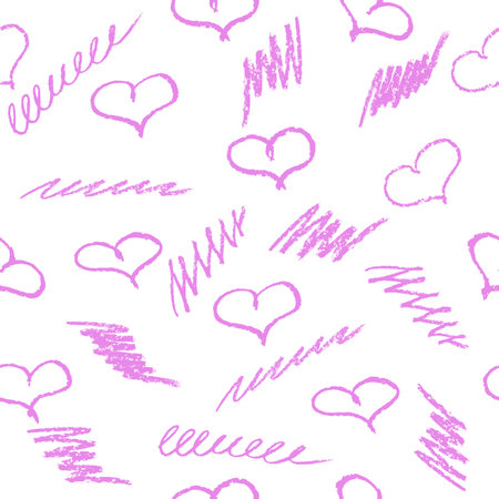 Seamless pattern of  hearts in hand drawn style by crayon. Background of Valentine's day. Vector illustrationのイラスト素材