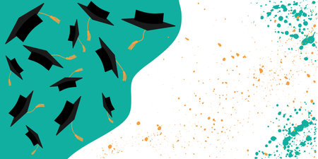 Banner for graduation event,flying graduation caps and splash. Vector illustrationのイラスト素材