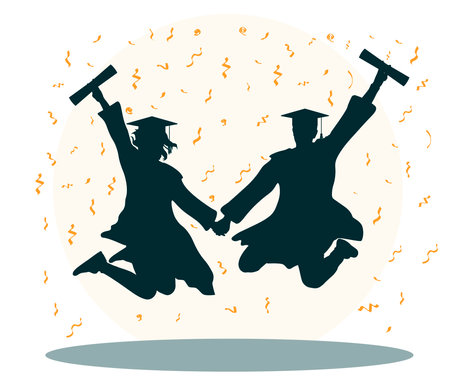 Graduation ceremony, silhouette of  jumping graduate students with diploma on background of confetti. Vector illustrationのイラスト素材
