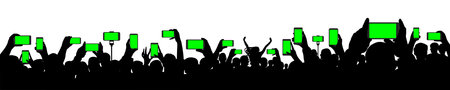 Hands holding phones, smartphones on background of raised human hands. Silhouette of cheerful crowd of people at concert or sport event and etc. Vector illustrationのイラスト素材