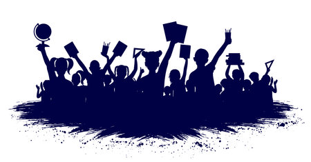 Back to school. Happy school children or first graders with books, globe, etc. (school supplies), crowd of people, silhouette. Vector illustration.のイラスト素材