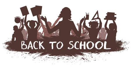 Back to school. Happy teacher and cheerful crowd of school children with school supplies. Silhouette. Vector illustrationのイラスト素材