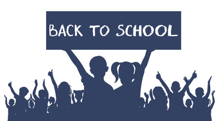 Back to school. Happy school children or first graders, boy and girl are holding banner. Silhouette. Vector illustration.のイラスト素材