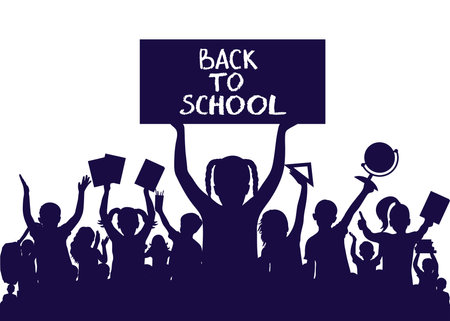 Back to school. Happy school children or first graders, girl is holding banner. Silhouette. Vector illustration.のイラスト素材