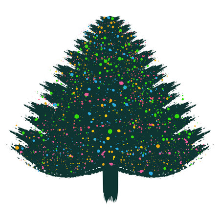 Christmas tree, grunge brush drawing art. Beautiful doodle spruce (fir tree) with color paint blots (garland). Vector illustration.のイラスト素材