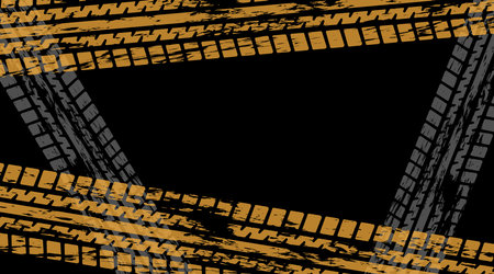 Grunge car tire marks on black background, template for business card with copy space. Vector illustration.のイラスト素材