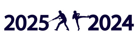 Two men leaving year 2024 behind and entering 2025, silhouette. Vector illustrationのイラスト素材