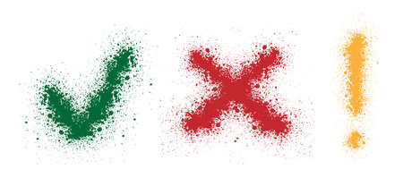 Green tick, red cross and yellow exclamation mark made of colorful splashes. Vector illustrationのイラスト素材
