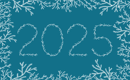 Frame from branches of spruce tree in hand drawn style with number 2025, new year card. Vector...