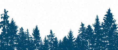 Coniferous winter forest. Beautiful landscape of silhouettes of spruce trees and snowfall. Vector illustrationのイラスト素材