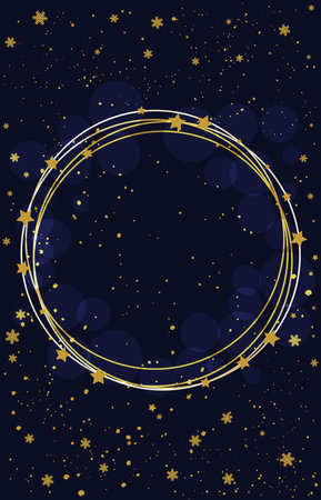 Holiday greeting card, round frame with sparkles and snowflakes, vertical background with copy space. Vector illustrationのイラスト素材