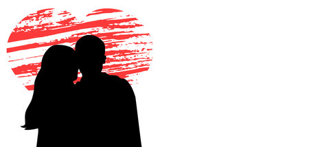 Silhouette of romantic couple looking at each other with red heart background. Vector illustrationのイラスト素材