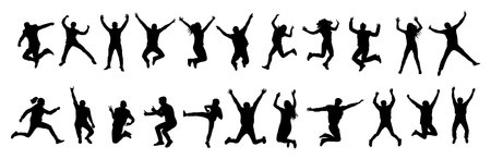 Silhouettes of jumping people jumping in various poses, set. Vector illustrationのイラスト素材