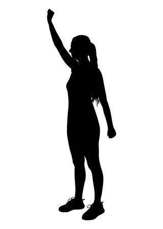 Black silhouette of female athlete doing exercise raising of hand. Vector illustrationのイラスト素材
