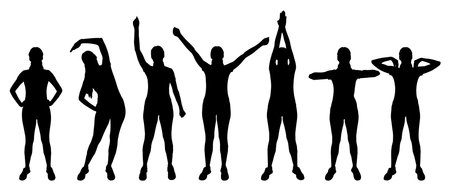 Silhouette of a woman performing different stretching and warm-up exercises, set. Vector illustrationのイラスト素材