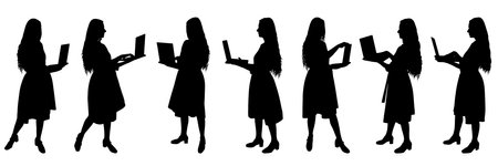 Businesswoman working with laptop in different poses silhouette, set. Vector illustrationのイラスト素材