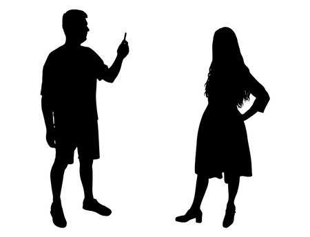 Man takes a picture of woman on phone, silhouette. Vector illustration.のイラスト素材