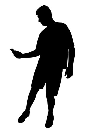 Man taking selfie with smartphone, silhouette of man making photo with mobile phone. Vector illustration.のイラスト素材