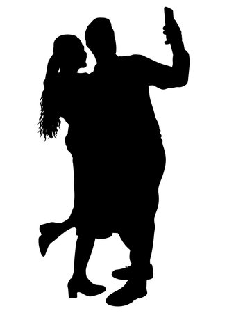 Man and woman make selfies on phone, silhouette. Vector illustration.のイラスト素材
