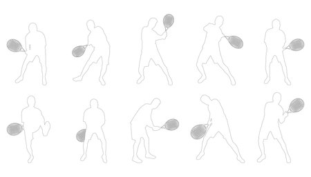 Contours of male tennis player, isolated. Set. The type of sport is lawn tennis. An active man hitting a ball with a racket. Vector illustrationのイラスト素材