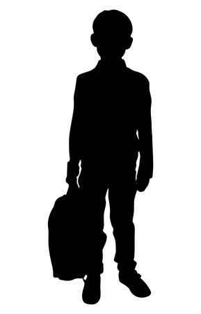 Full-length silhouette of a schoolboy holding a backpack, ready for his first day of school. Vector illustrationのイラスト素材