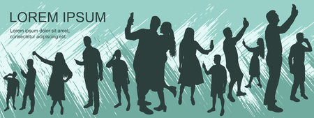 Silhouettes of people using their smartphones taking selfies, photos and videos on grunge background, banner. Vector illustrationのイラスト素材