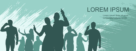 Silhouettes of people taking pictures, crowd of men and women at festival, banner with copy space. Vector illustrationのイラスト素材