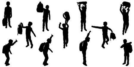 Set of silhouettes of school children carrying backpacks, walking, jumping, and gesturing. Vector illustration.のイラスト素材