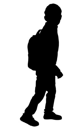 Black silhouette of a child student walking with backpack going to school, isolated. Vector illustrationのイラスト素材