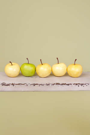 Row of apples on rustic wood bench, concept for teamwork, team, similarity and differenceの写真素材
