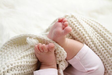 Newborn baby feet, close up macro detailsの写真素材