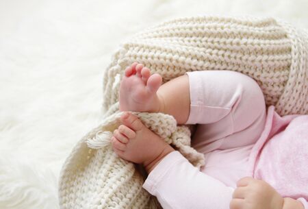 Newborn baby feet, close up macro detailsの写真素材