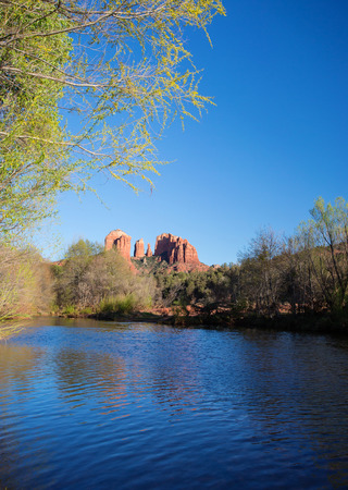 View of red rocks and river at the foot hills of the famous Castle Rock in Sedona, Arizona, AZ, an American landmarkの写真素材