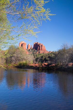 View of red rocks and river at the foot hills of the famous Castle Rock in Sedona, Arizona, AZ, an American landmarkの写真素材