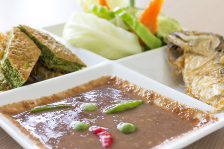 Chili paste with fried mackerel and vegetable Thai food.(Soft focus)の写真素材