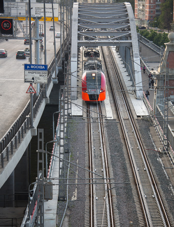 Moscow, MCC, train Swallow, Andreevsky Bridge, near the RAS Presidium, summer, view from above, from the observation deck, July 9, 2017のeditorial素材