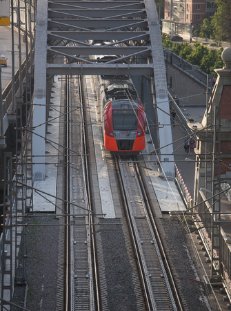 Moscow, MCC, train Swallow, Andreevsky Bridge, near the RAS Presidium, summer, view from above, from the observation deck, July 9, 2017のeditorial素材