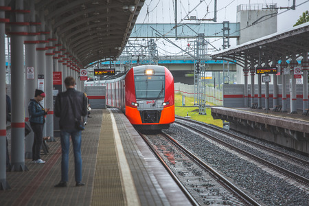 Moscow, Shelepikh station, the train arrives at the station, model of the train - Swallow, city, day, summer July 7, 2017のeditorial素材