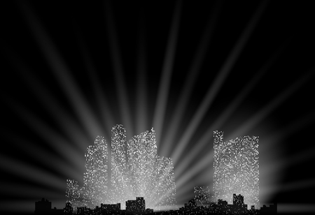Vector silhouette of a night city with light effects.のイラスト素材