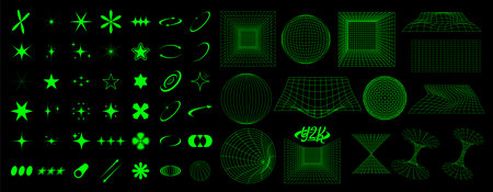 Wireframe retro futuristic geometric elements shapes big collection set. Y2k elements for designのイラスト素材