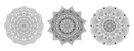 Mandala Set, black and white line art for coloring book. Decorative round ornaments. Unusual flower shape.のイラスト素材