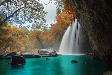 Amazing beautiful waterfalls in autumn forest at Haew Suwat Waterfall in Khao Yai National Park, Thailandの写真素材