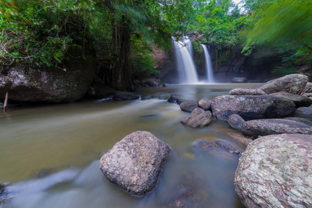Amazing beautiful waterfalls in tropical forest at Haew Suwat Waterfall in Khao Yai National Park, Thailandの写真素材