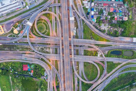 Top view of Highway road junctions. The Intersection freeway road overpass the western outer ring road of Bangkok, Thailand.の写真素材