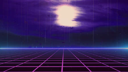 Retro cyberpunk style 80s Sci-Fi Background Futuristic with laser grid landscape. Digital cyber...