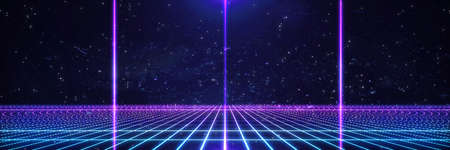 Retro cyberpunk style 80s Sci-Fi Background Futuristic with laser grid landscape. Digital cyber...