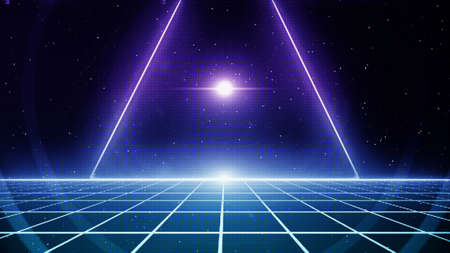 Retro cyberpunk style 80s Sci-Fi Background Futuristic with laser grid landscape. Digital cyber...